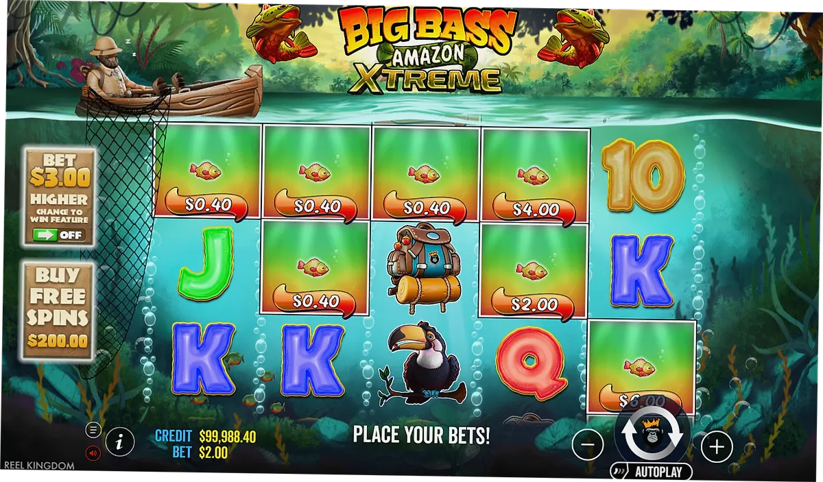 Big Bass Amazon Xtreme demo slot main interface with jungle background