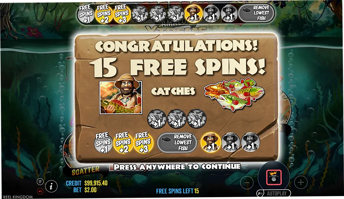 Big Bass Amazon Xtreme random base game collect animation sweeping up fish