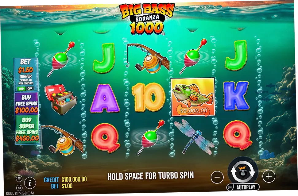 Big Bass Bonanza 1000 base game showing the Hook feature catching a scatter