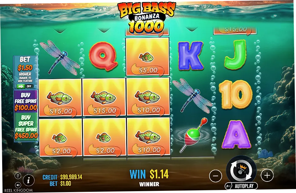 Big Bass Bonanza 1000 Free Spins showing massive 1,000x money fish symbols