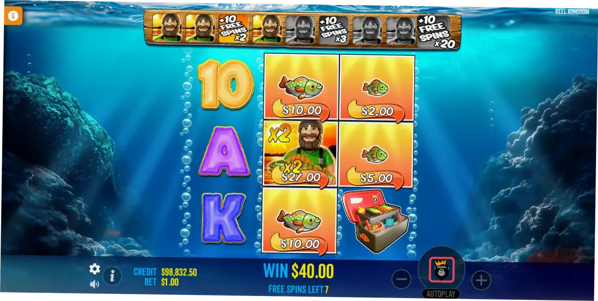 Big Bass Bonanza 3 Reeler Free Spins showing the Fisherman Wild on the small reel set