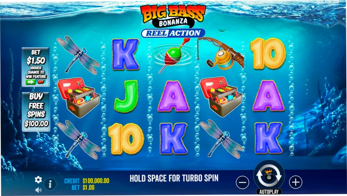 Big Bass Bonanza Reel Action demo slot main interface with Ante Bet and Bonus Buy buttons