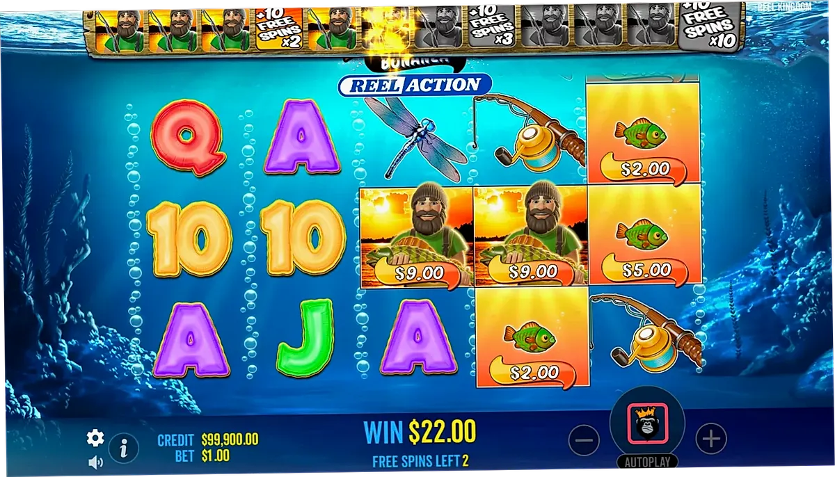 Big Bass Reel Action Free Spins round showing Fisherman Wild and Multiplier Trail