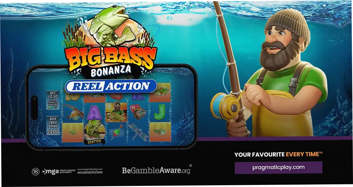 Big Bass Reel Action Ante Bet and Bonus Buy toggles on the main interface