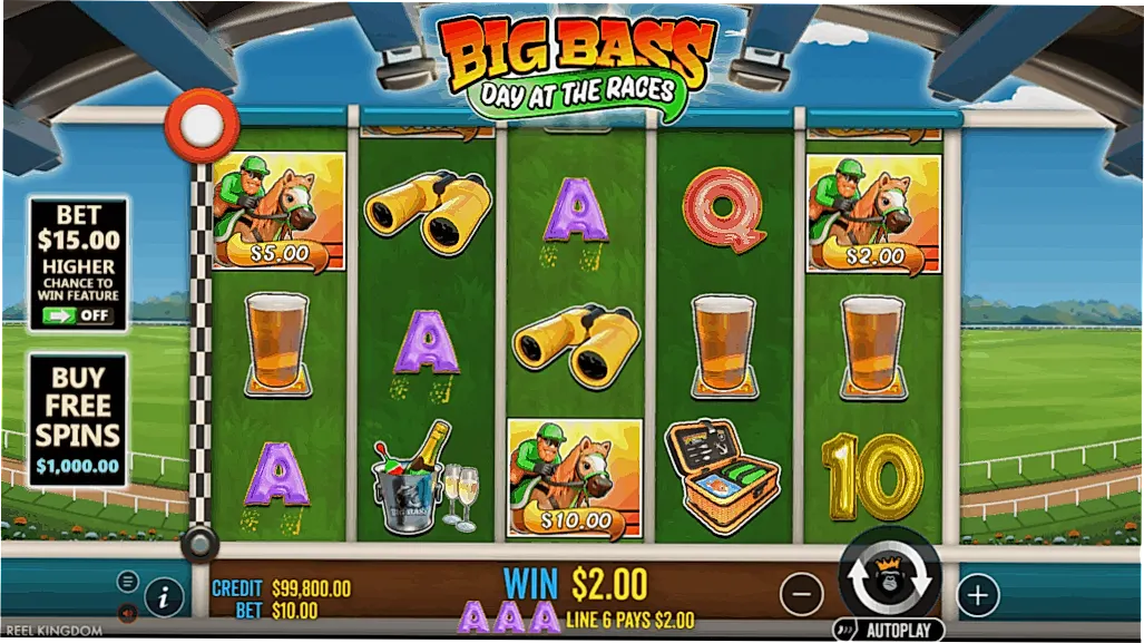 Big Bass Day at the Races demo slot main interface with racetrack background