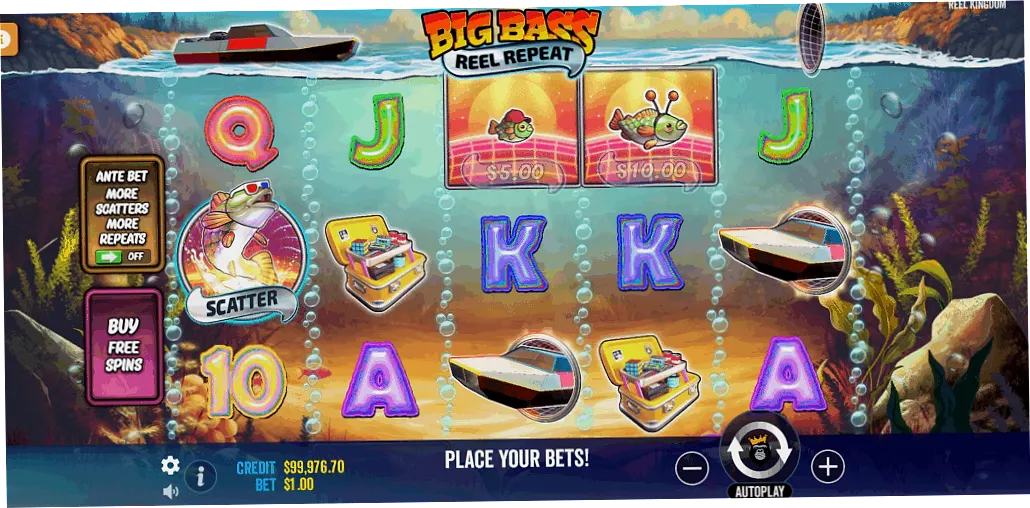 Big Bass Reel Repeat demo slot main interface with retrowave setting