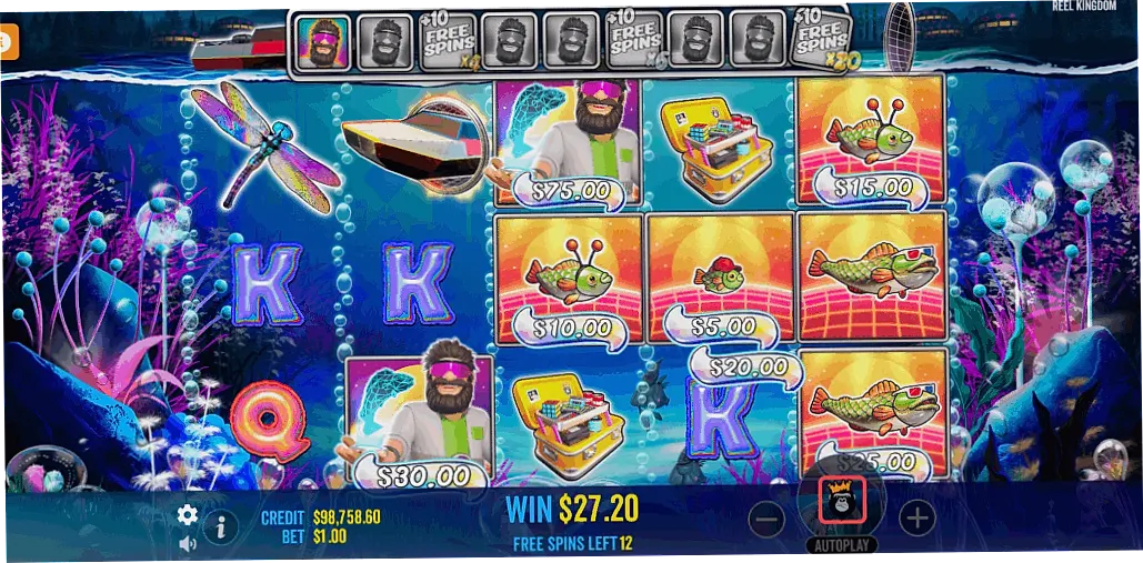 Big Bass Reel Repeat Free Spins showing neon fish and Fisherman Wilds