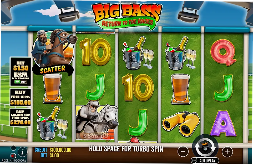 Big Bass Return to the Races Free Spins showing the Punter Wild collecting cash