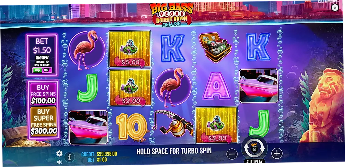Big Bass Vegas demo slot main interface with neon city background