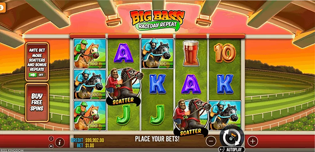 Big Bass Raceday Repeat demo slot main interface with racetrack setting