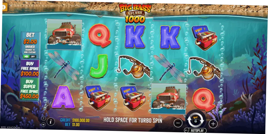 Big Bass Splash 1000 demo slot main interface with monster truck and 450x buy button