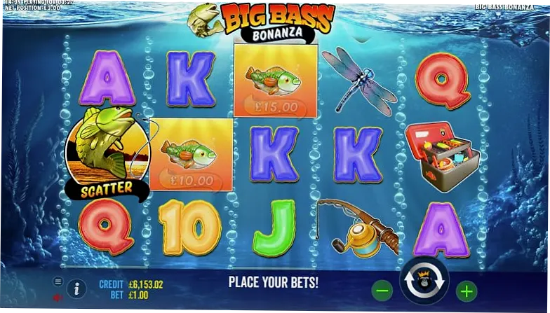 Big Bass Bonanza demo slot main interface with Fisherman and deep blue waters