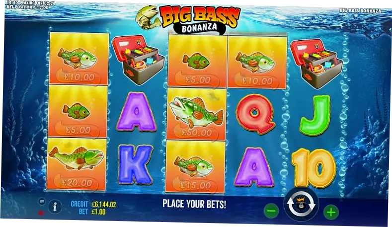 Big Bass Bonanza free spins round showing 3 scatter symbols triggering the feature