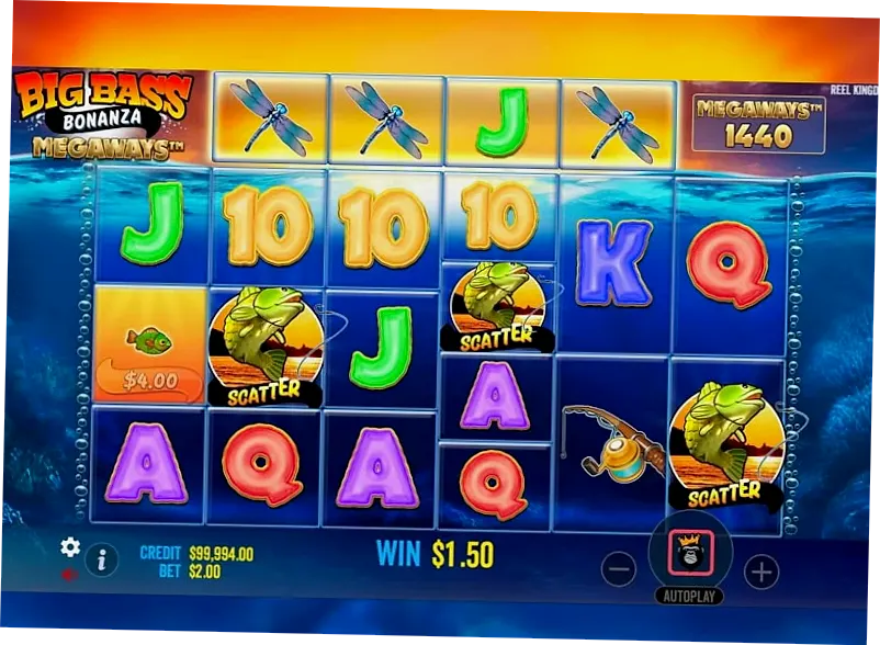 Big Bass Megaways demo slot main interface with 6 reels and deep blue waters