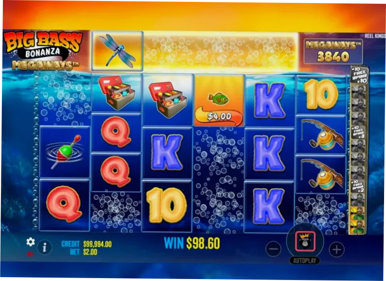 Big Bass Megaways free spins round showing 4 scatter symbols triggering the feature