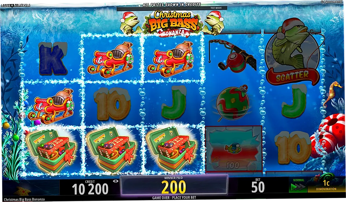 Christmas Big Bass Bonanza demo slot main interface with snowy background